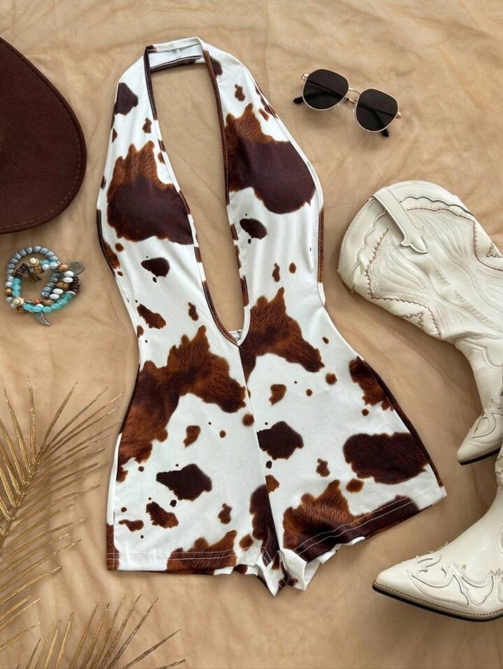 Cow Print Halter Romper in Brown and White